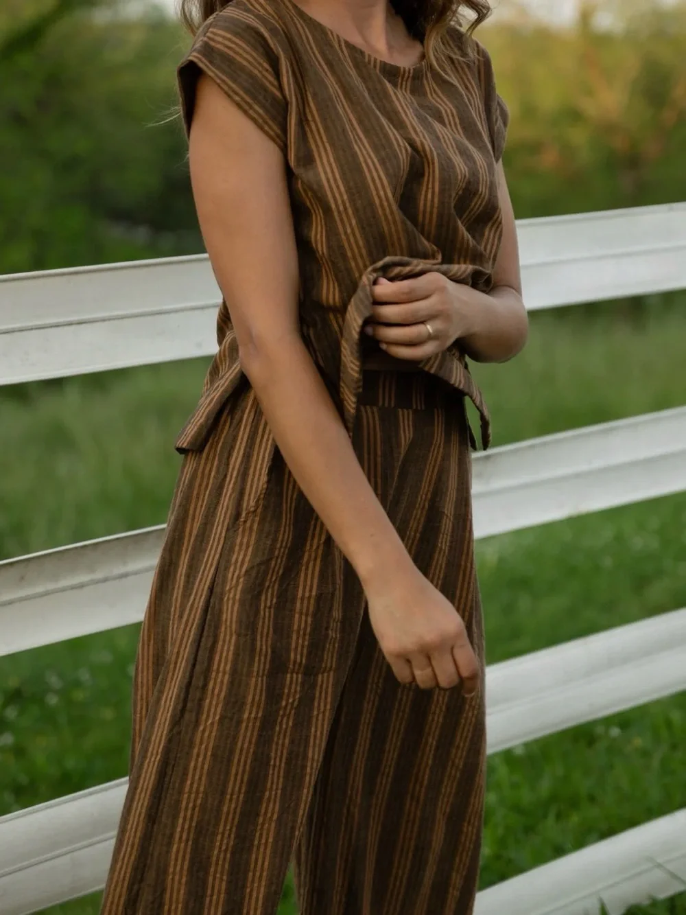 Liz Alig Striped Two-Piece Wide-Leg Set in Brown and Mustard - Picture 8 of 13